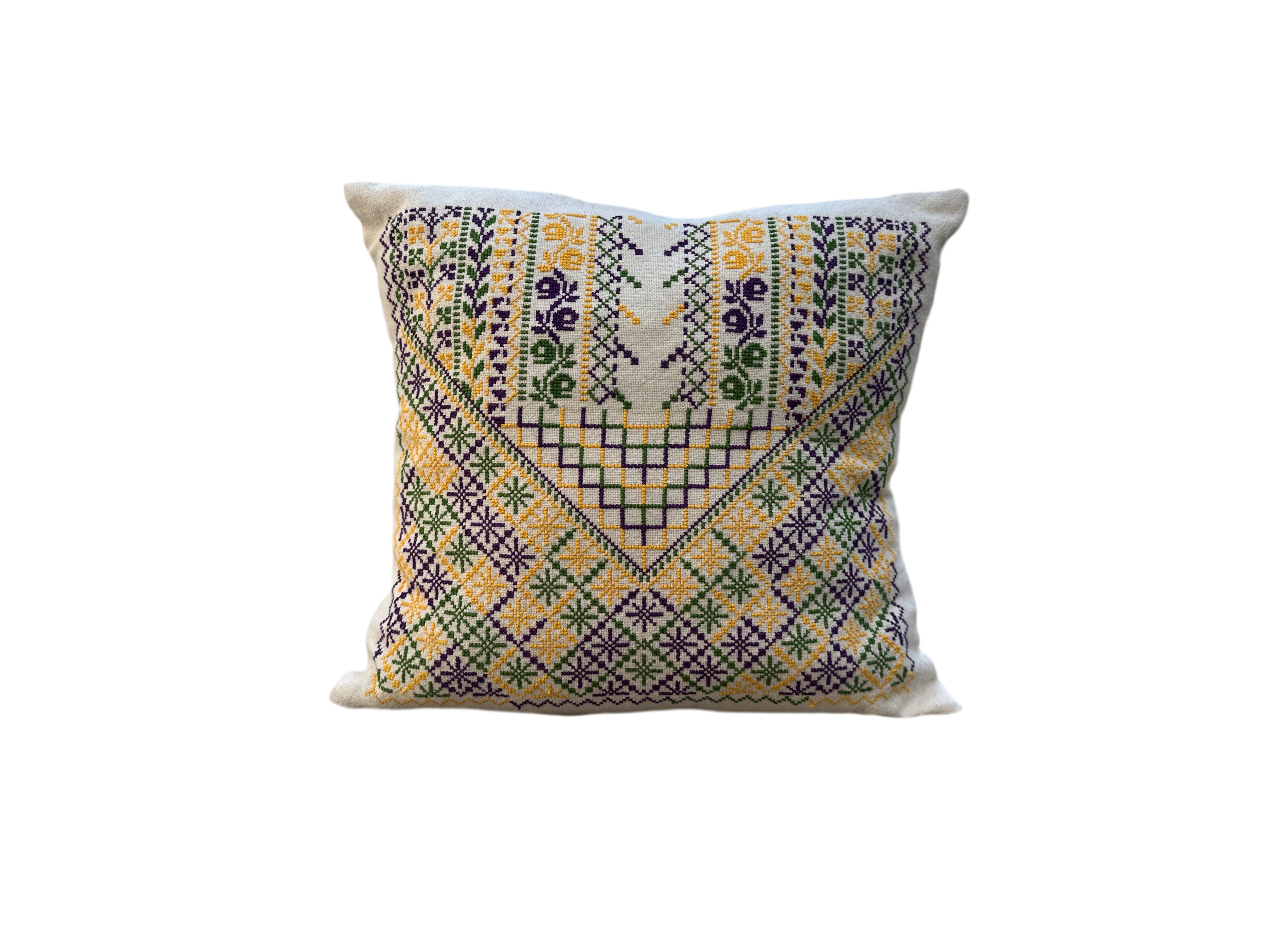 Palestinian Hand Embroidered Cushion Cover - Yellow & Purple - Hilweh Market