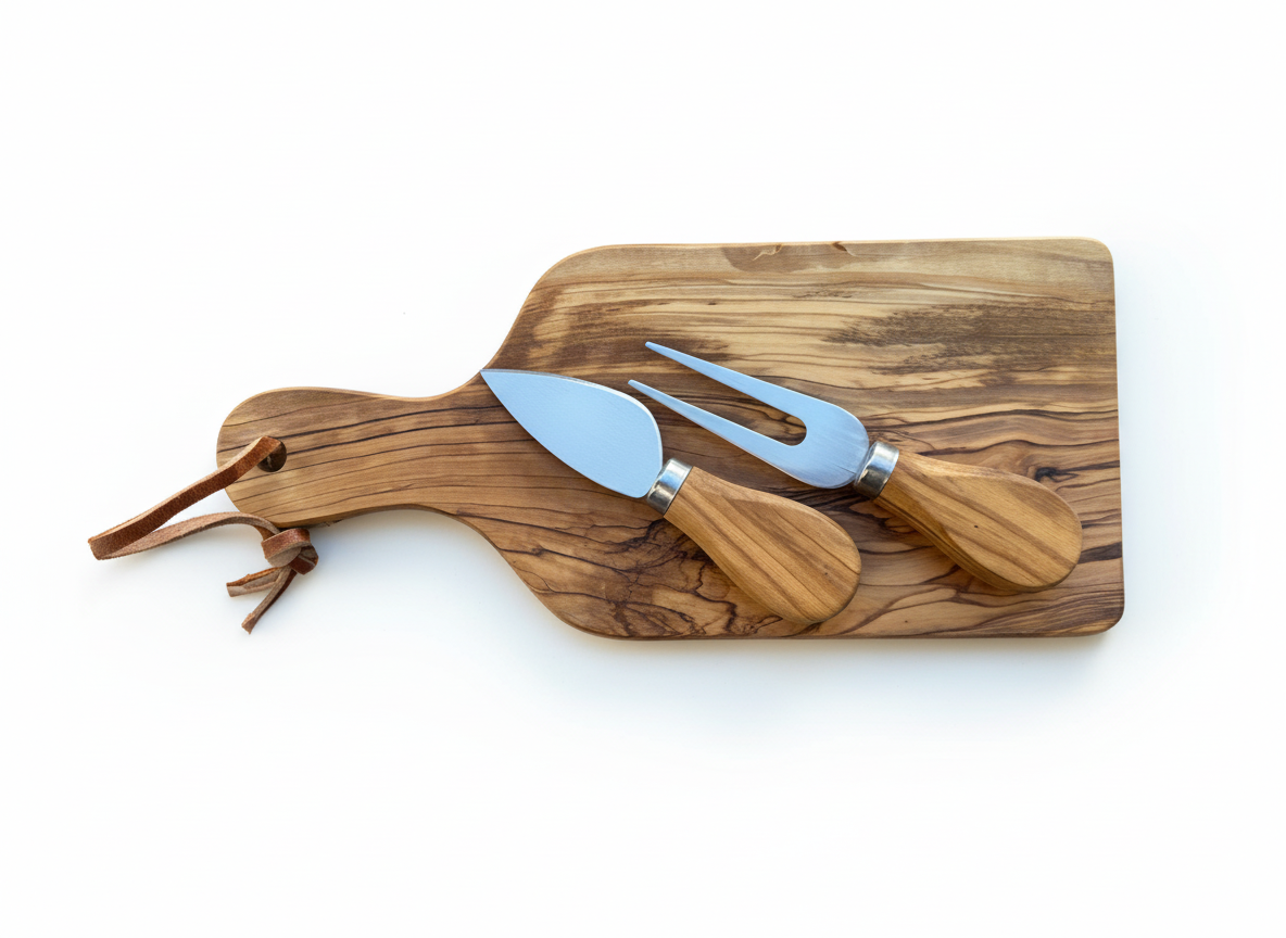 A cheese board set made of olive wood, including a board, a knife, and a fork, displayed against a neutral background.