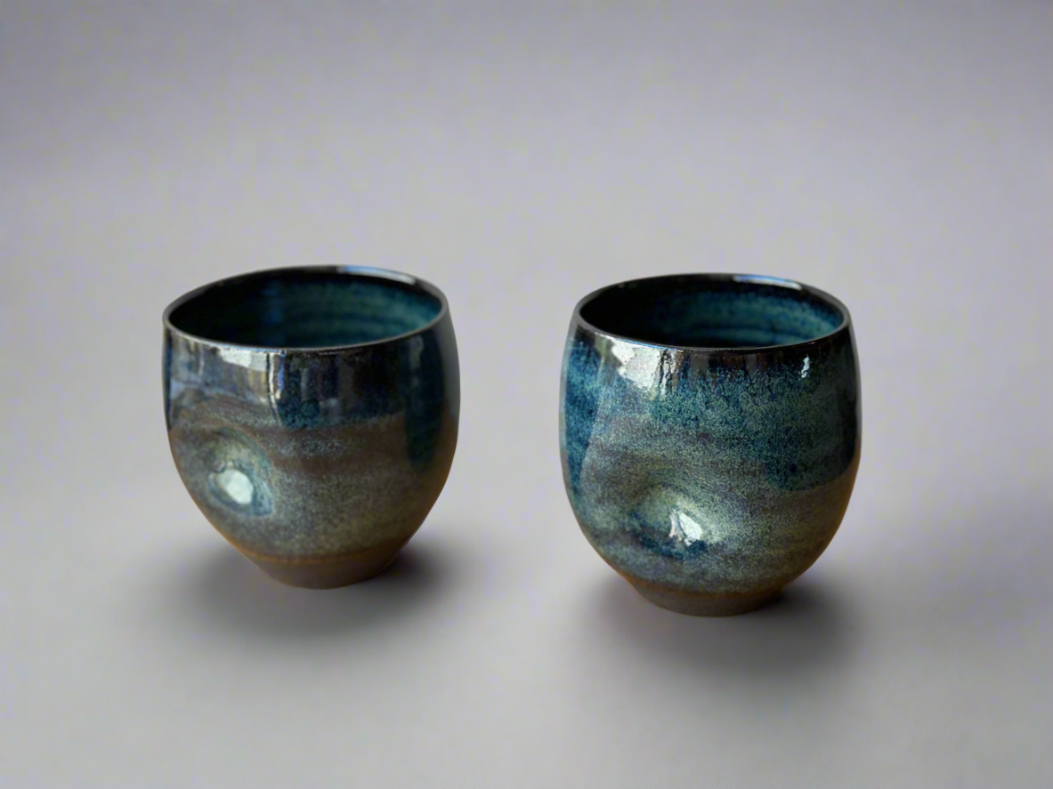 Ceramic Black Cups with a Black Glaze and Thumb Indent (set of 2)
