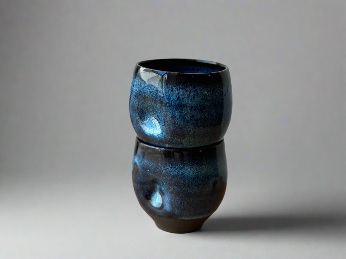 Ceramic Black Cups with a Black Glaze and Thumb Indent (set of 2)