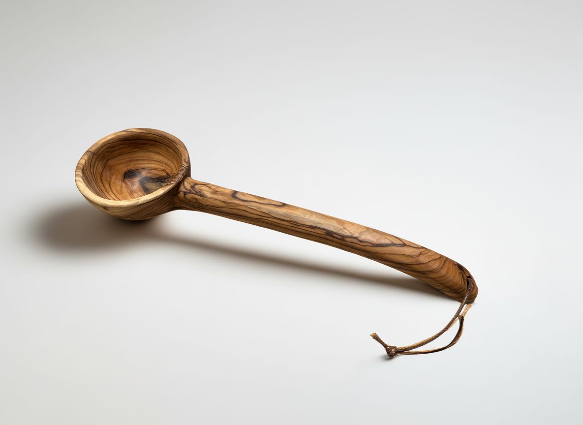 Wooden ladle with a handle on a beige background