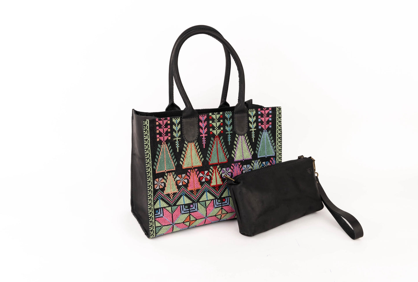 Black hand embroidered leather handbag