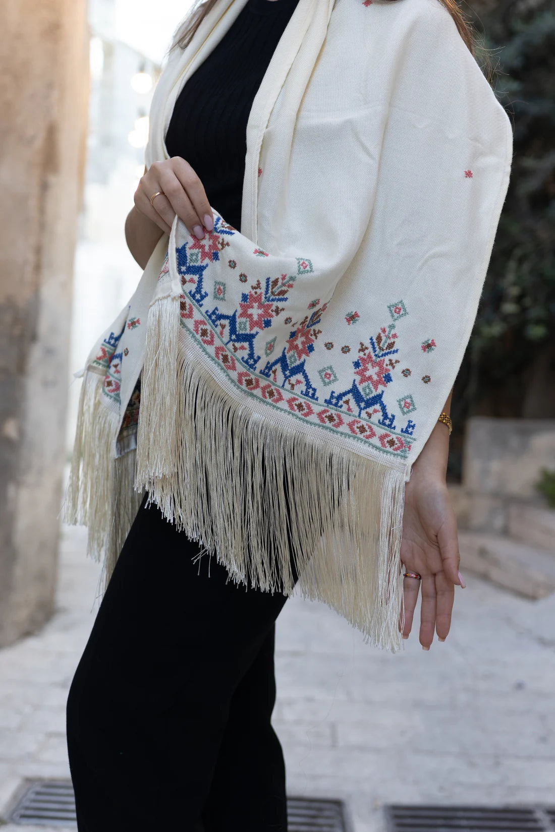 Hand Embroidered Beige Shawl - Cream