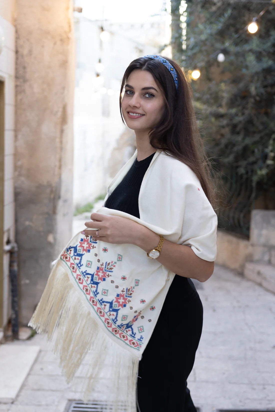 Hand Embroidered Beige Shawl - Cream