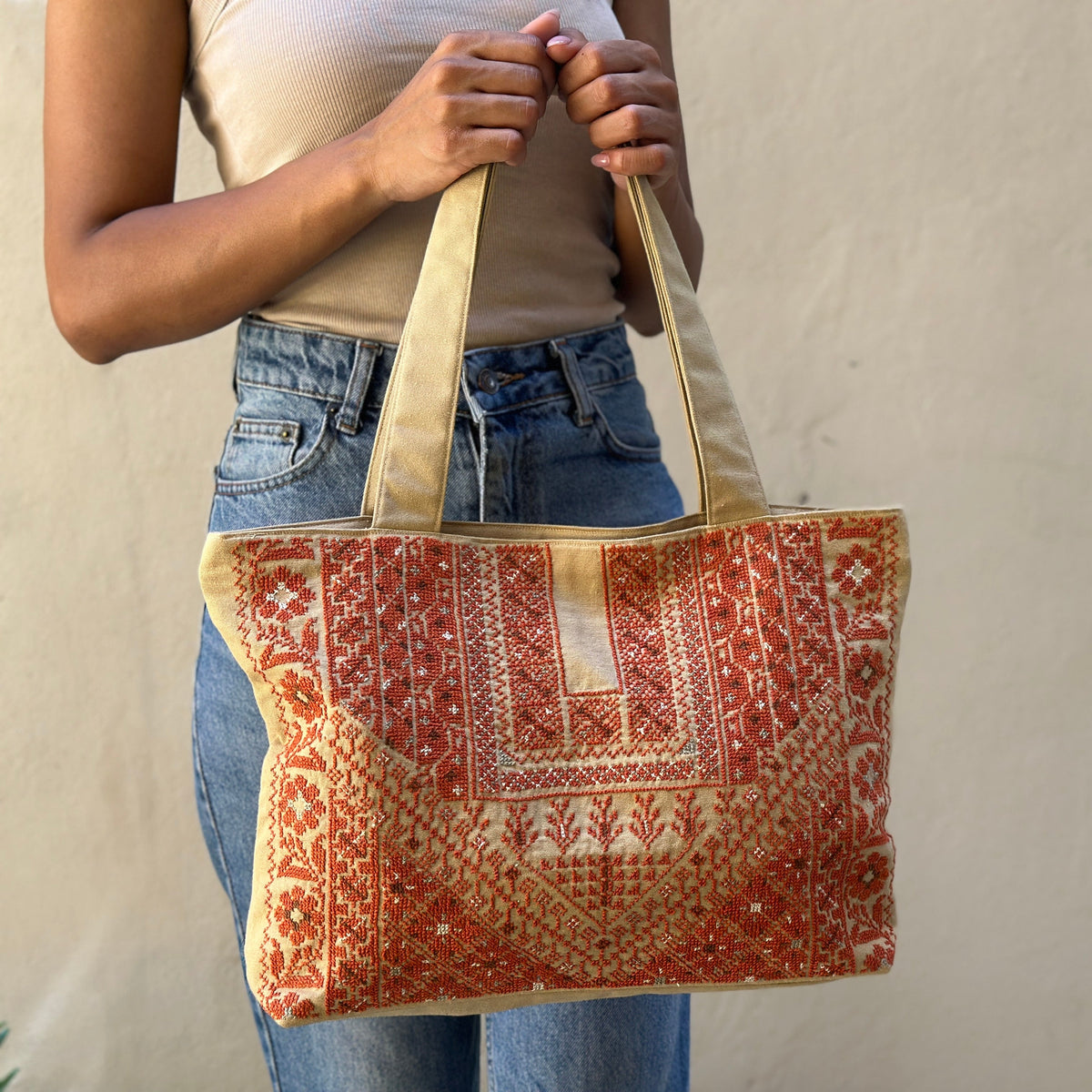 Hand Embroidered Handbag - Orange - Hilweh Market