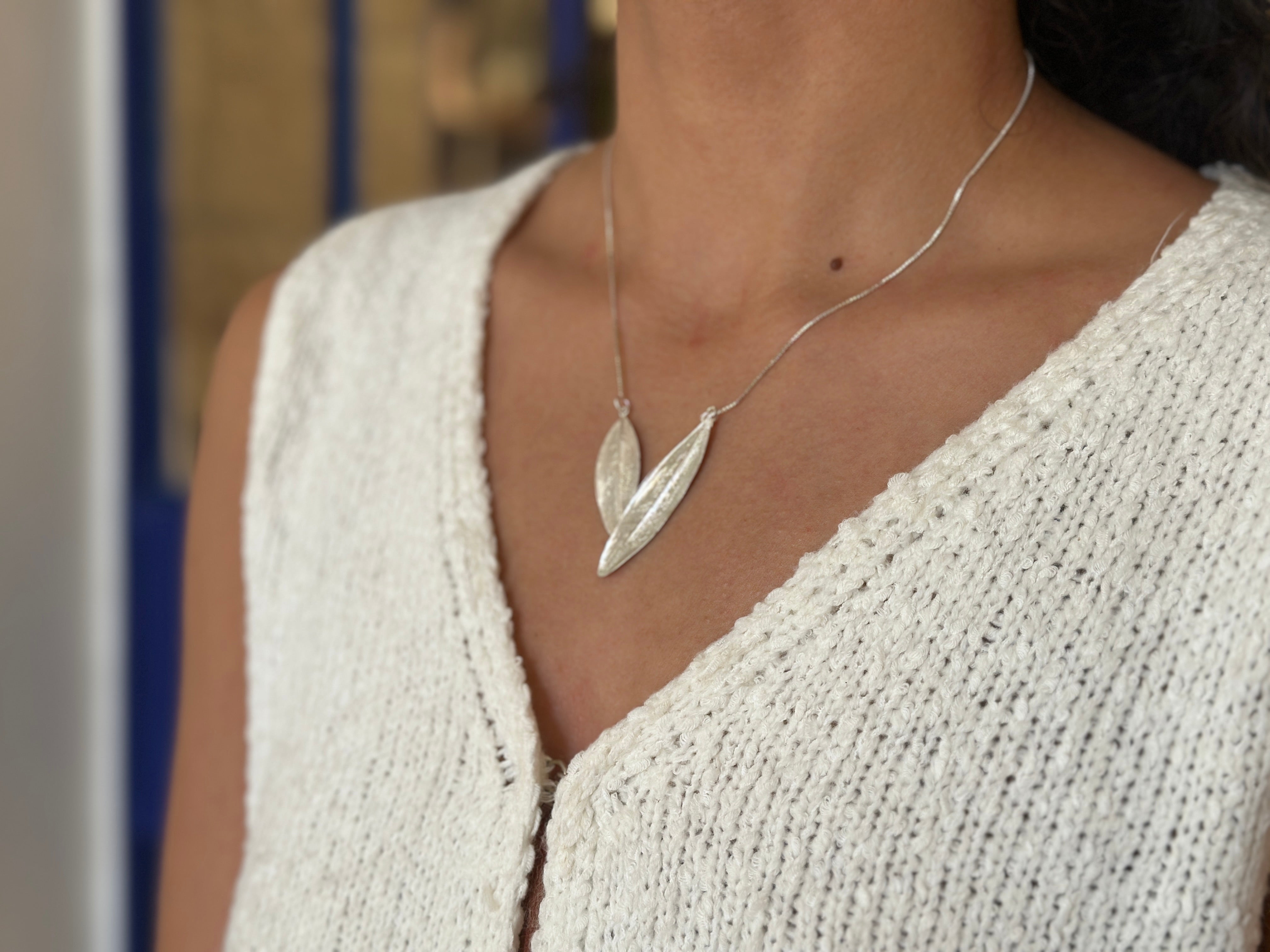Two Olive Leaf Silver Necklace - Hilweh Market