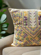 Palestinian Hand Embroidered Cushion Cover - Yellow & Purple - Hilweh Market
