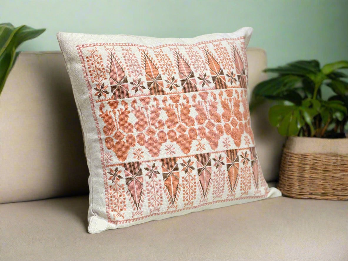 Hand Embroidered Bakarej Cushion Cover - Peach - Hilweh Market