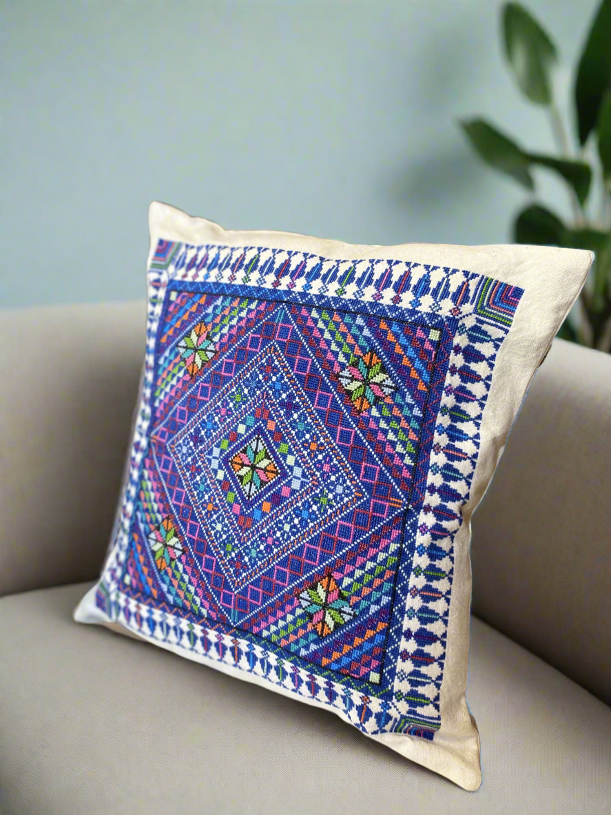 Hand Embroidered Mosaic Cushion Cover - Blue - Hilweh Market