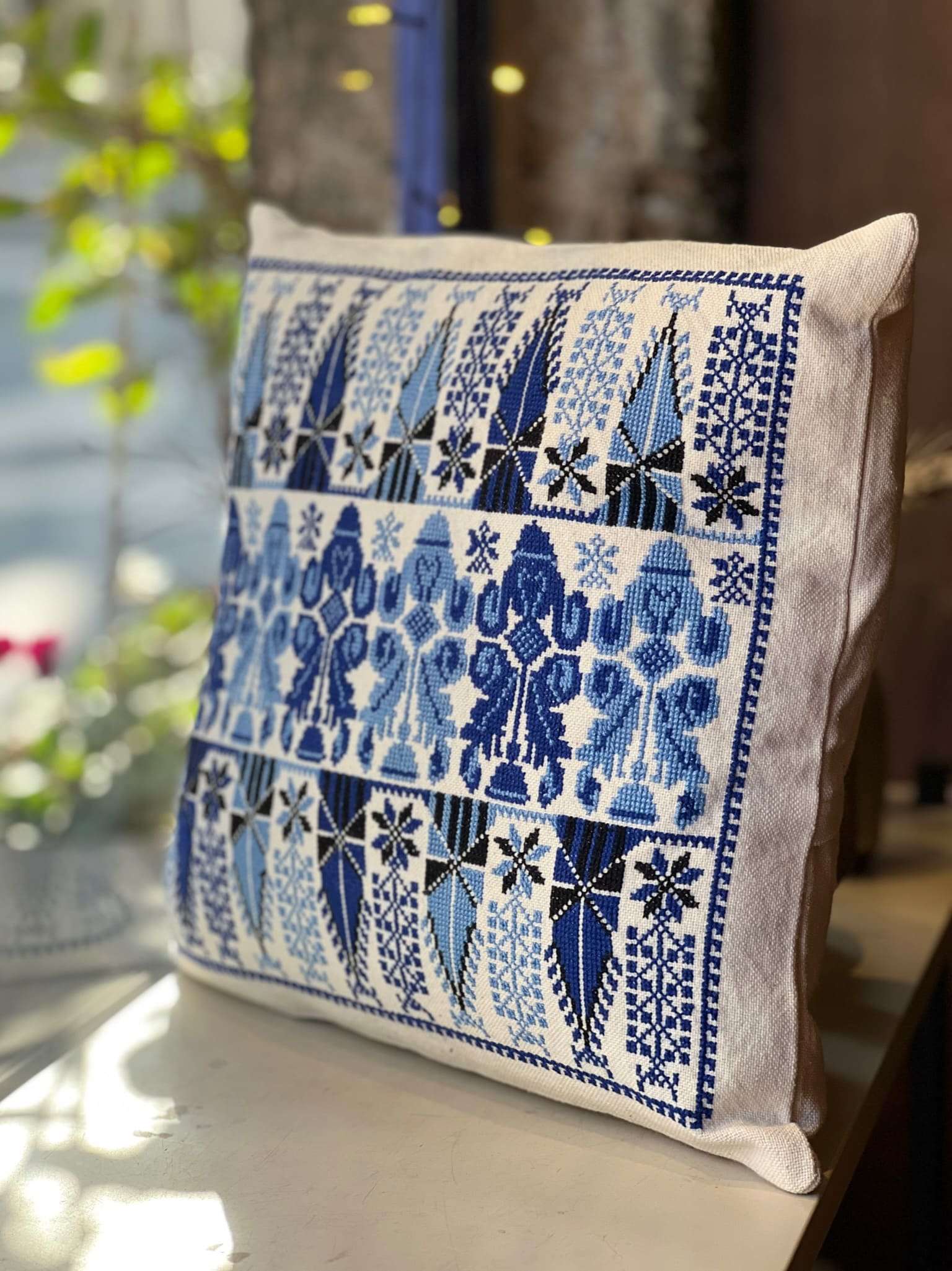 Hand Embroidered Bakarej Cushion Cover - Blue - Hilweh Market
