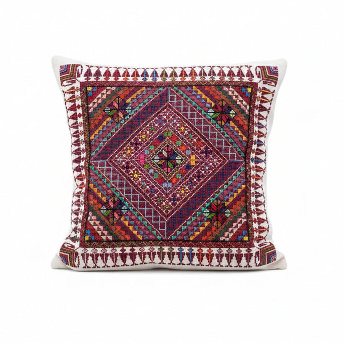 Hand Embroidered Mosaic Cushion Cover - Red - Hilweh Market