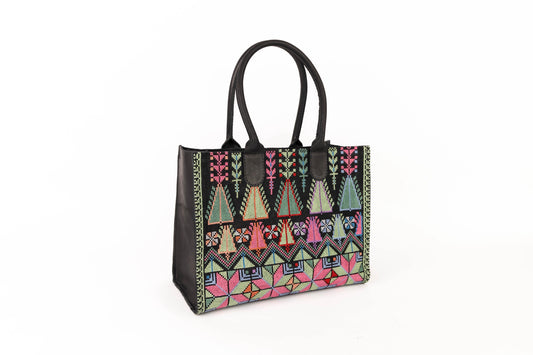 Black hand embroidered leather handbag