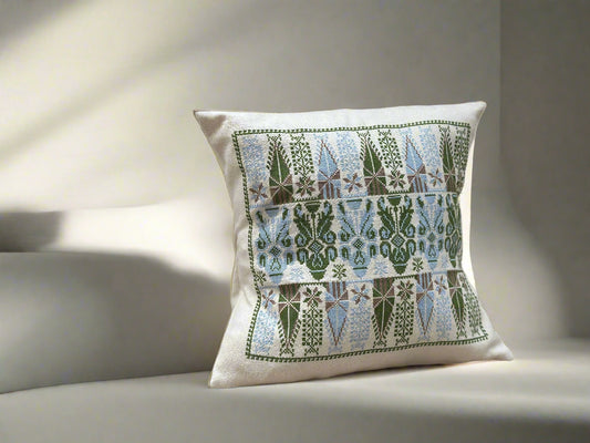 Hand Embroidered Bakarej Cushion Cover - Blue & Green