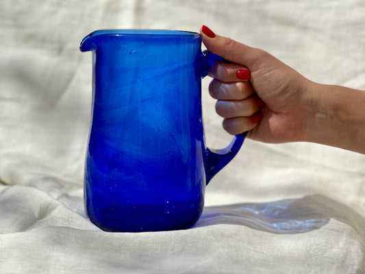 Modern Handblown Hebron Glass Pitcher - Cobalt Blue