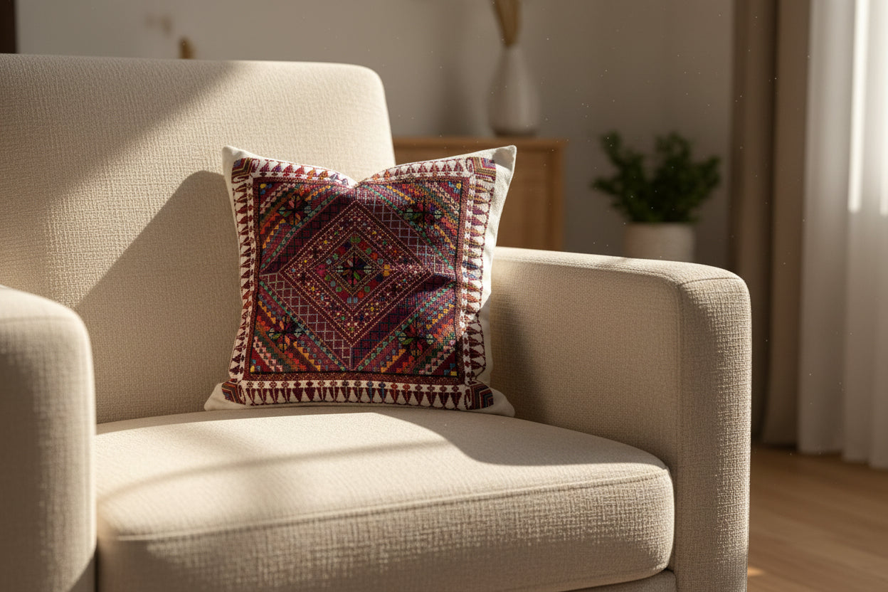 Hand Embroidered Mosaic Cushion Cover - Red - Hilweh Market