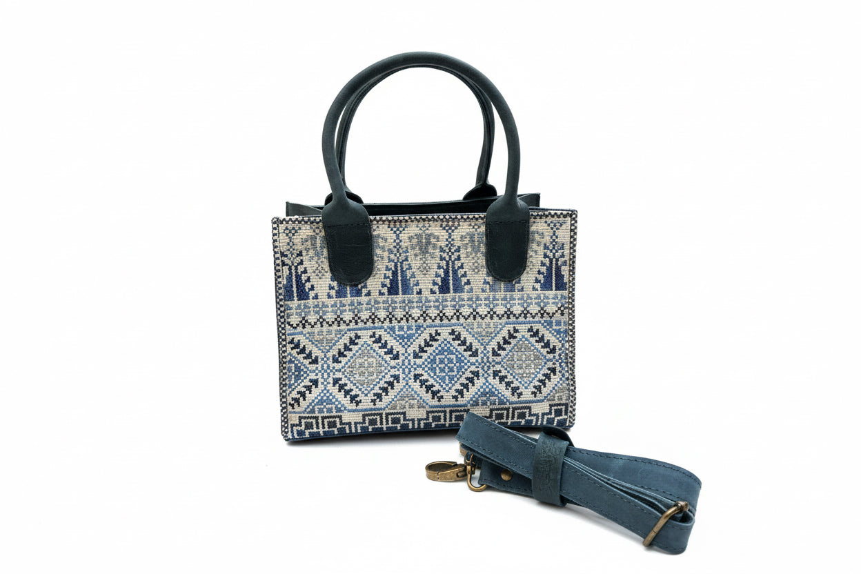 Mini blue leather embroidered handbag - Hilweh Market