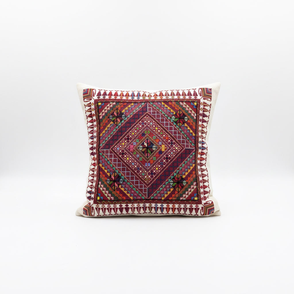 Hand Embroidered Mosaic Cushion Cover - Red - Hilweh Market