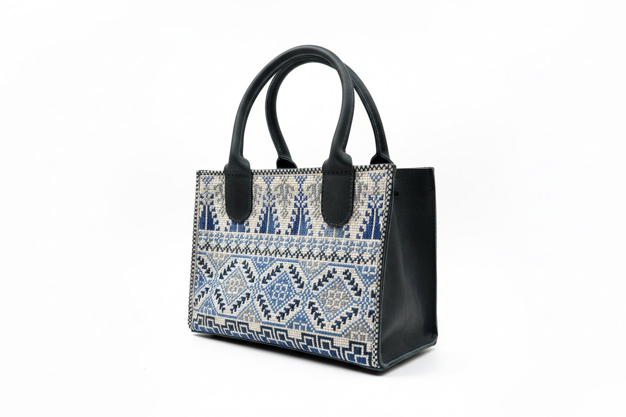 Mini blue leather embroidered handbag - Hilweh Market