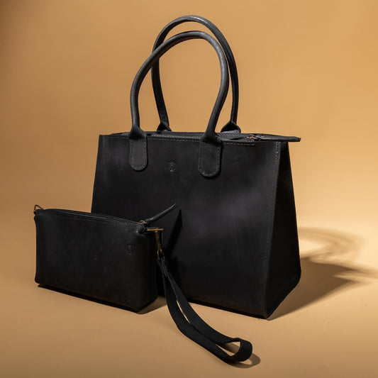 Black leather handbag