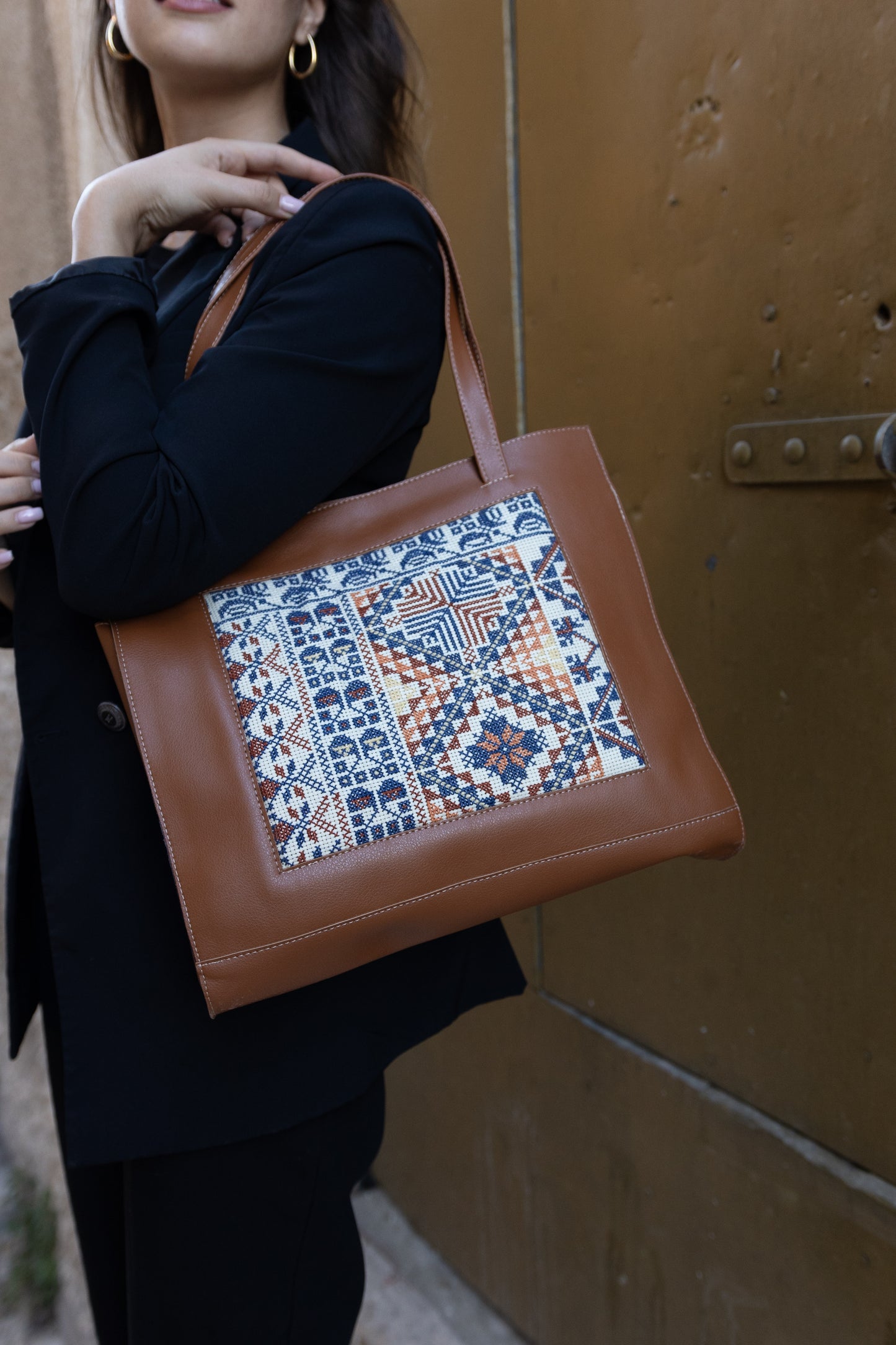 Embroidered Leather Tote Bag