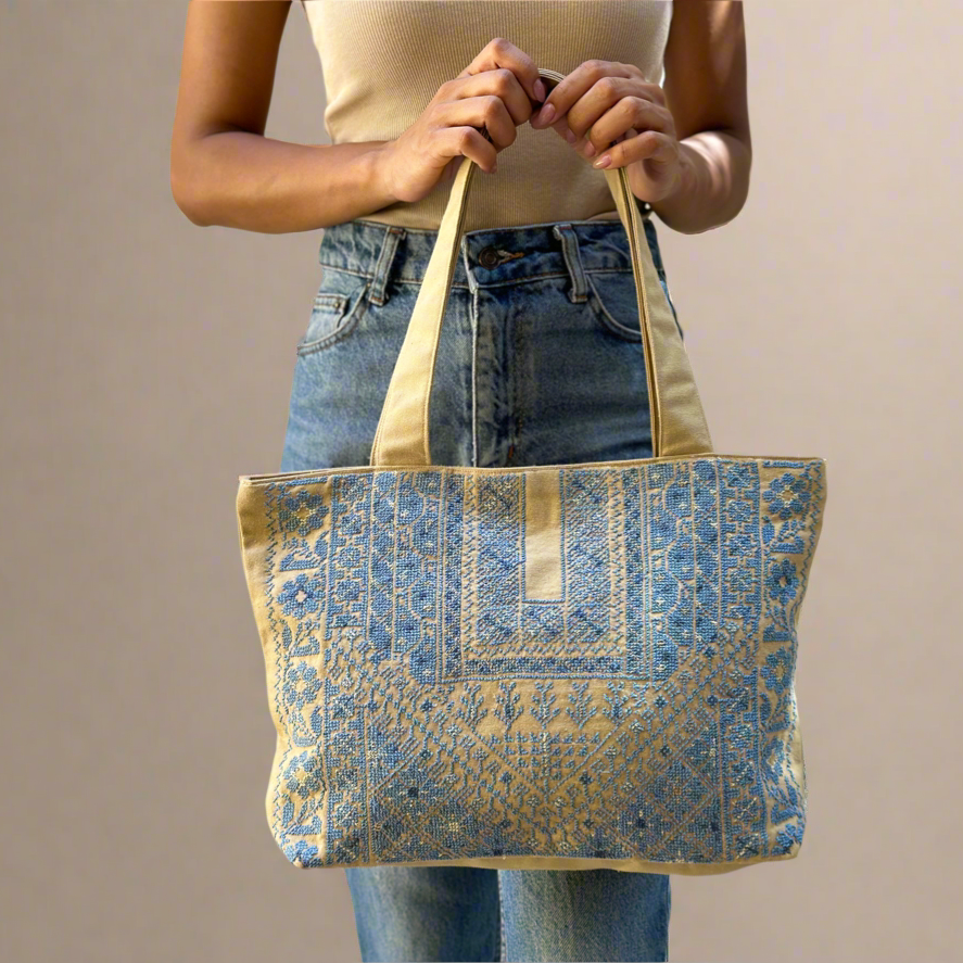Hand Embroidered Handbag - Blue - Hilweh Market
