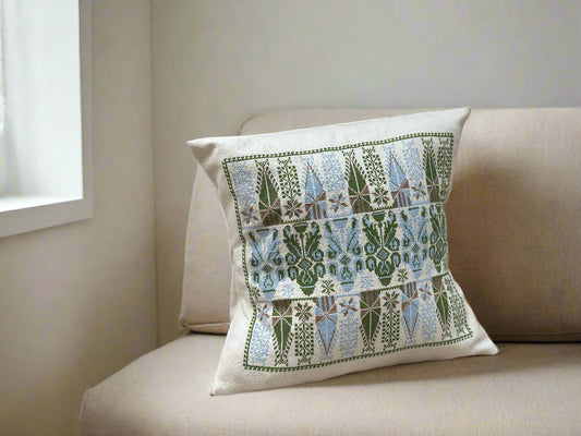 Hand Embroidered Bakarej Cushion Cover - Blue & Green