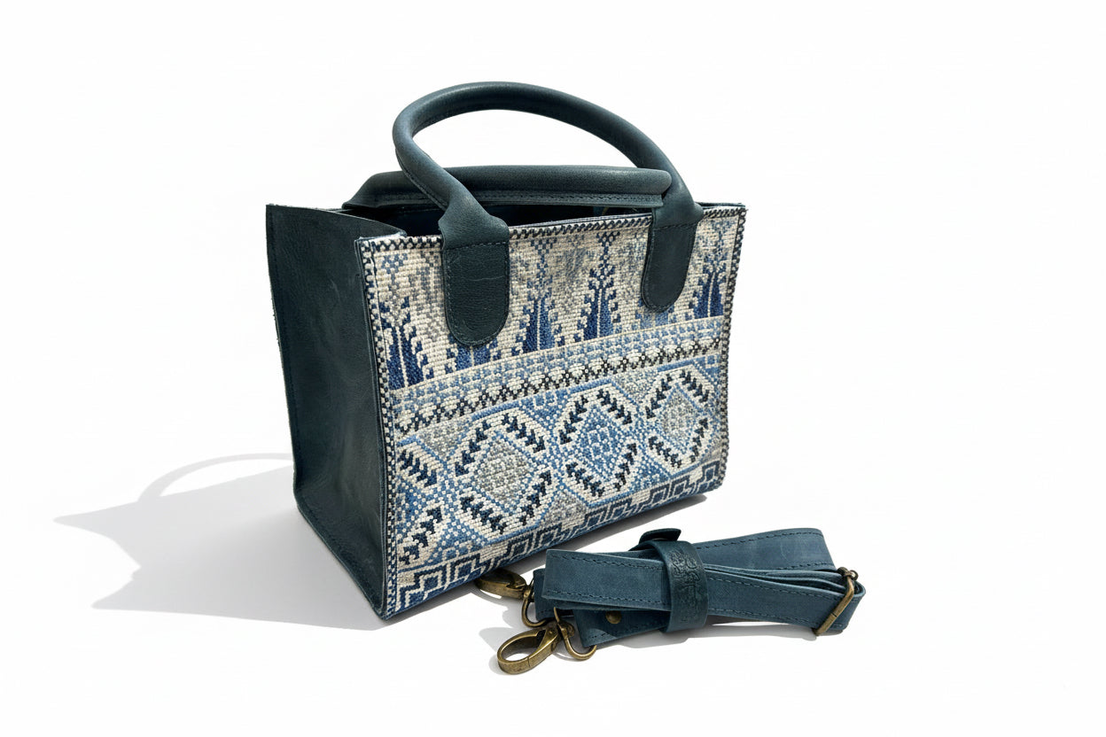 Mini blue leather embroidered handbag - Hilweh Market
