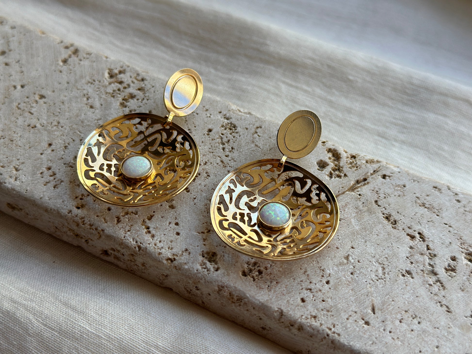 Gold Opal Calligraphy Earrings - Hilweh Market