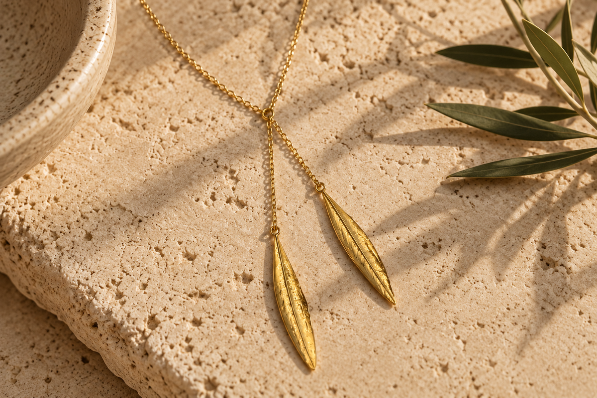 Two Olive Leaf Gold Wrap Around Necklace - Hilweh Market
