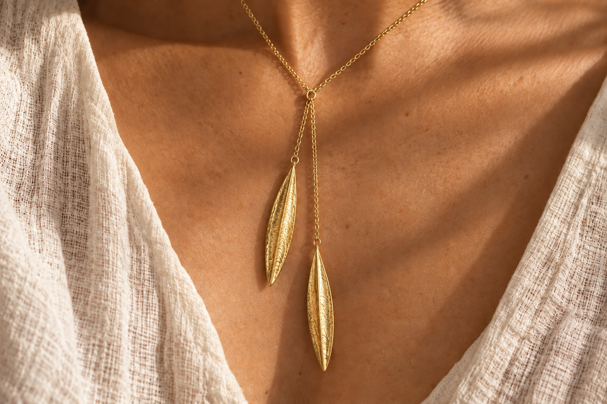 Two Olive Leaf Gold Wrap Around Necklace - Hilweh Market