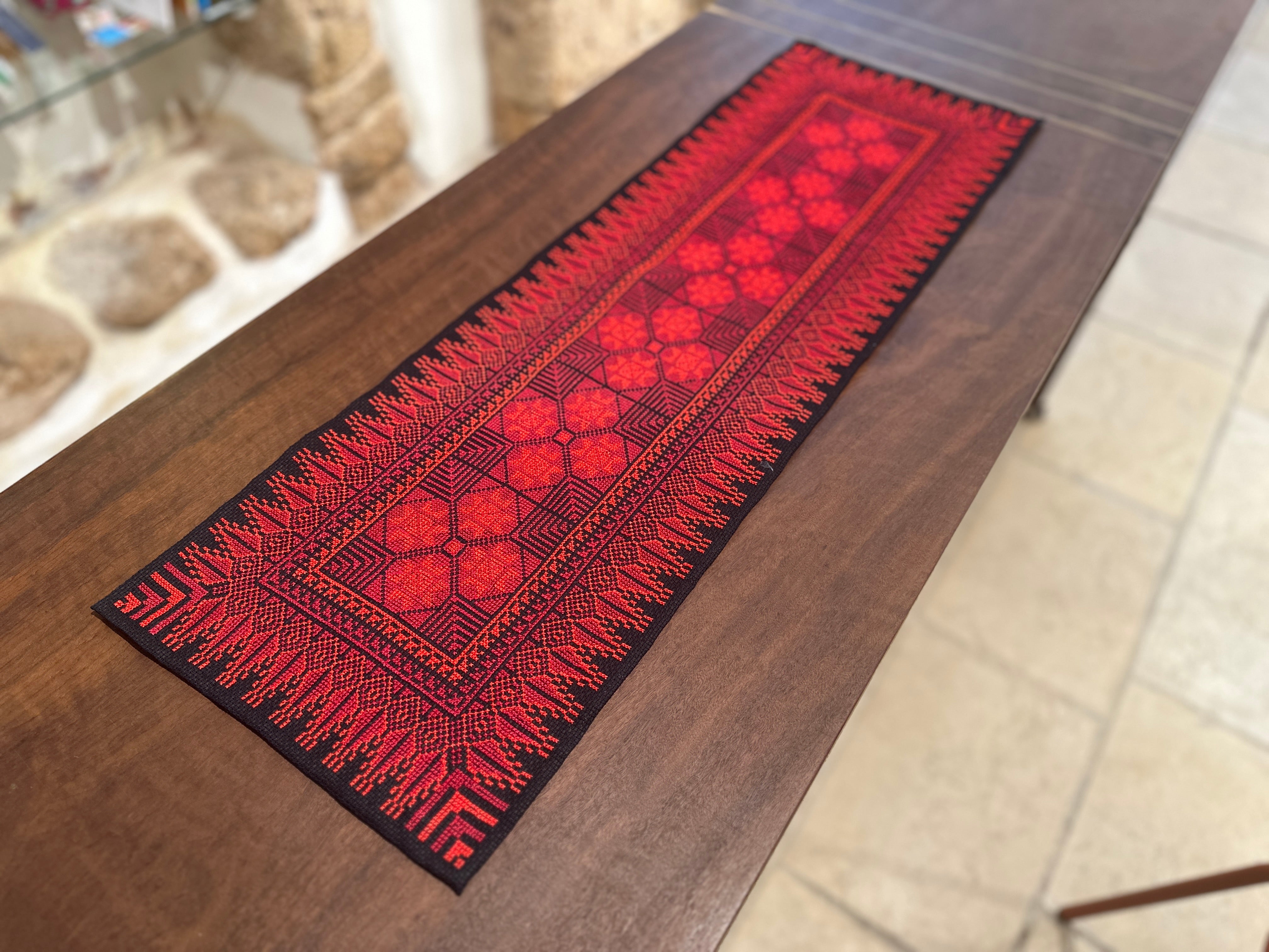 Hand Embroidered Table Runner - Black/Red - Hilweh Market