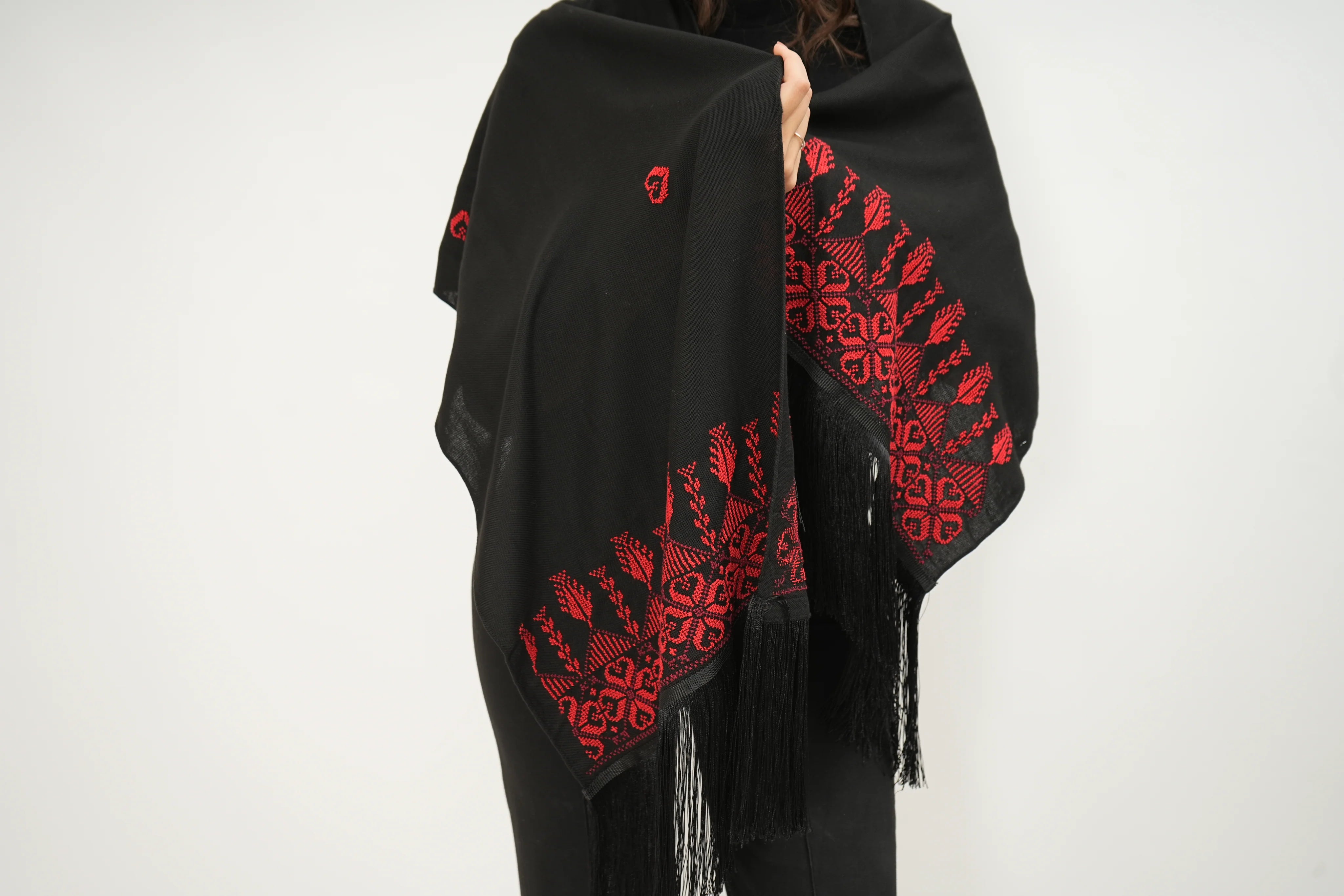 Hand Embroidered Shawl - Red/Black - Hilweh Market