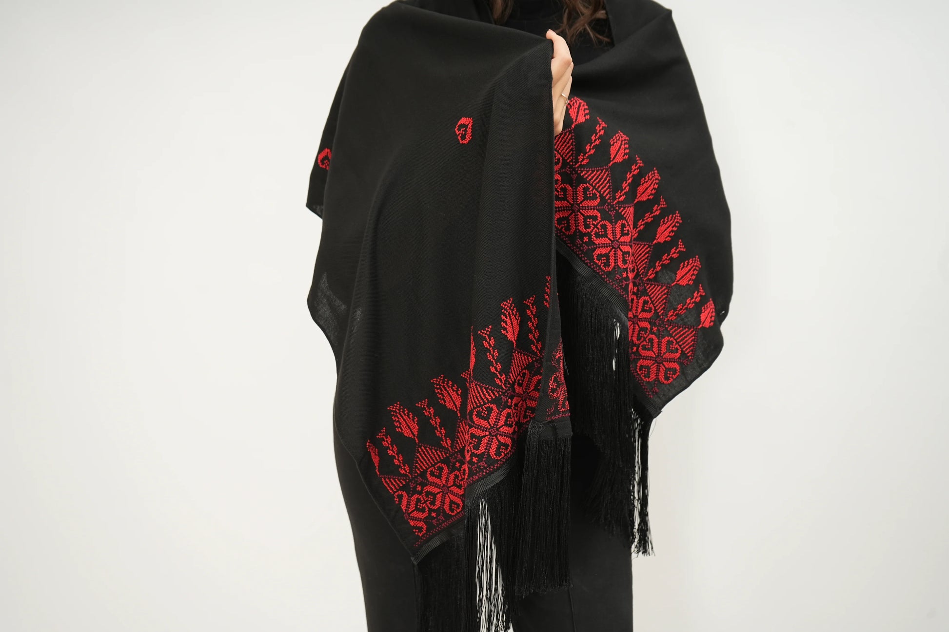 Hand Embroidered Shawl - Red/Black - Hilweh Market