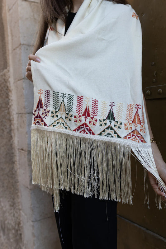 Hand Embroidered Beige Shawl - Cream