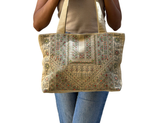 Hand Embroidered Handbag - Olive Green