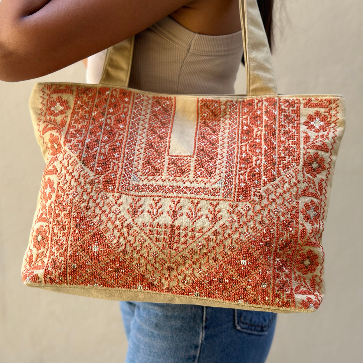 Hand Embroidered Handbag - Orange - Hilweh Market