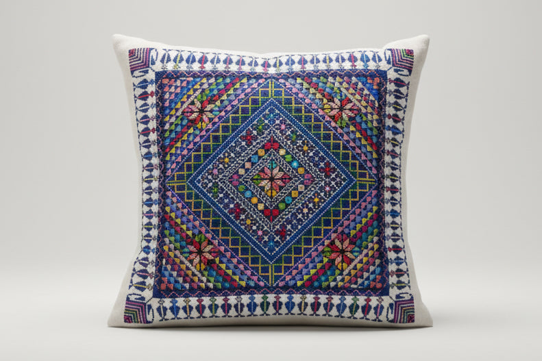 Hand Embroidered Mosaic Cushion Cover - Blue - Hilweh Market