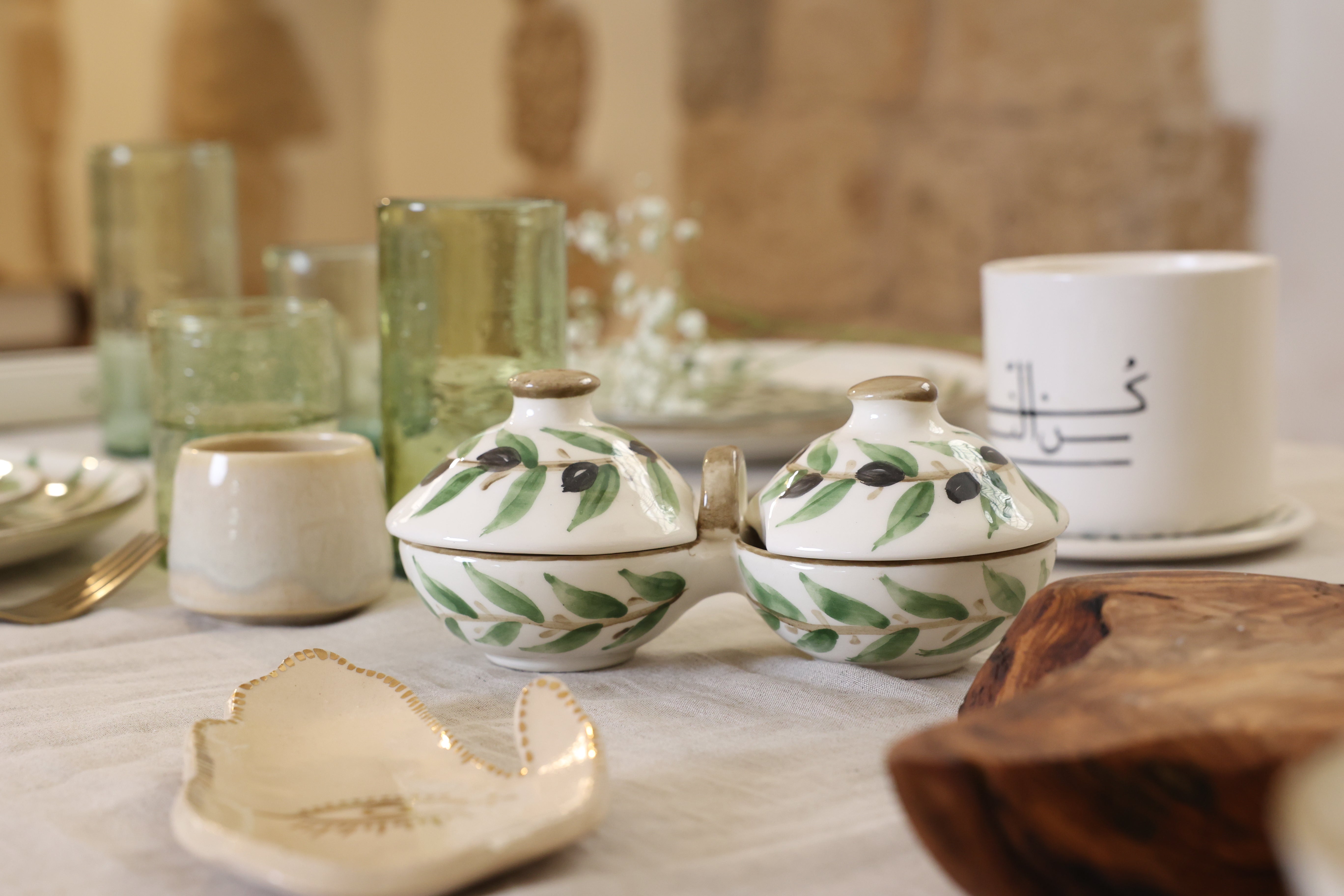 Olive Branch Zeit w Zaatar Divided Ceramic Dish - Nisf Jbeil