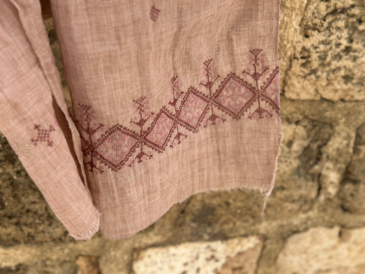 Hand Embroidered Linen Scarf - Lavender