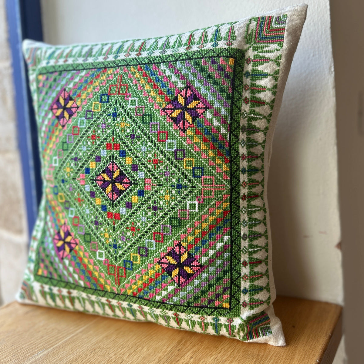 Hand Embroidered Mosaic Cushion Cover - Green - Hilweh Market