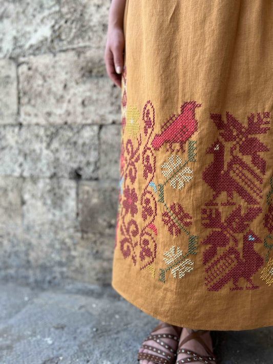 Hand-Embroidered-palestinian-Linen-Skirt-yellow-taqa