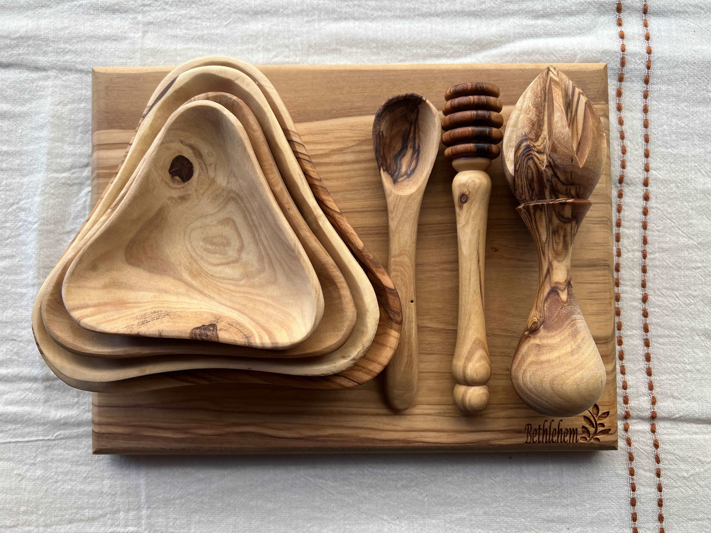 Olive-Wood-Kitchen-bundle-cheese-board-lemon-squeezer-spoons-honey-dipper-plates-bethlehem-palestine